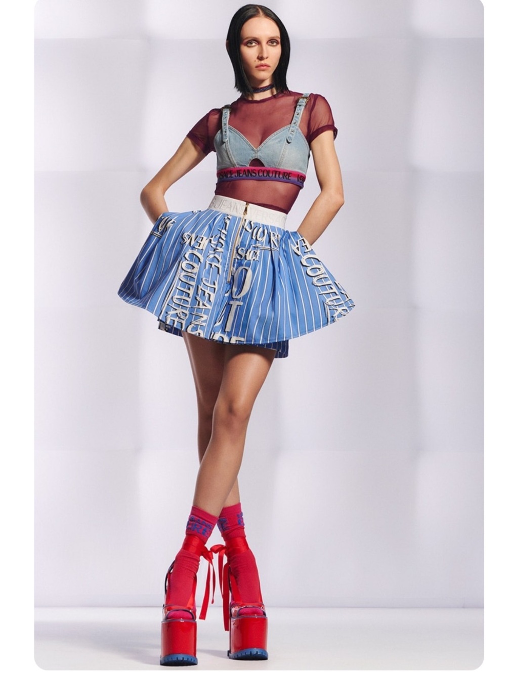 Versace Jean Couture Blue Striped Logo Circle Skort US6